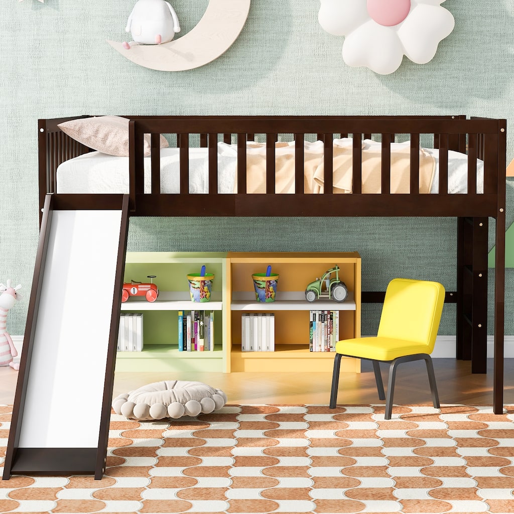 Low Loft Bed Kids Bed with Slide for Boys Girls, Loft Bed Toddler Bed with Ladder and Safety Guardrail Wood Slat Support