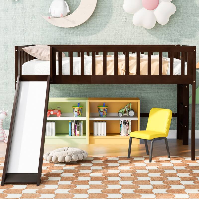 Low Loft Bed with Ladder and Slide, Solid Wood Loft Bed Frame with Full-Length Guardrail for Boys or Girls, No Box Spring Needed