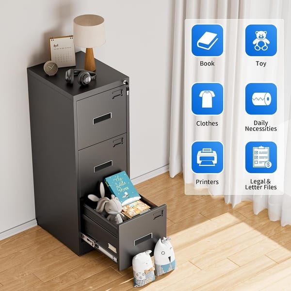3 Drawer Metal Locking File Cabinet for Home Office, Rolling Cabinet - Black-Lateral