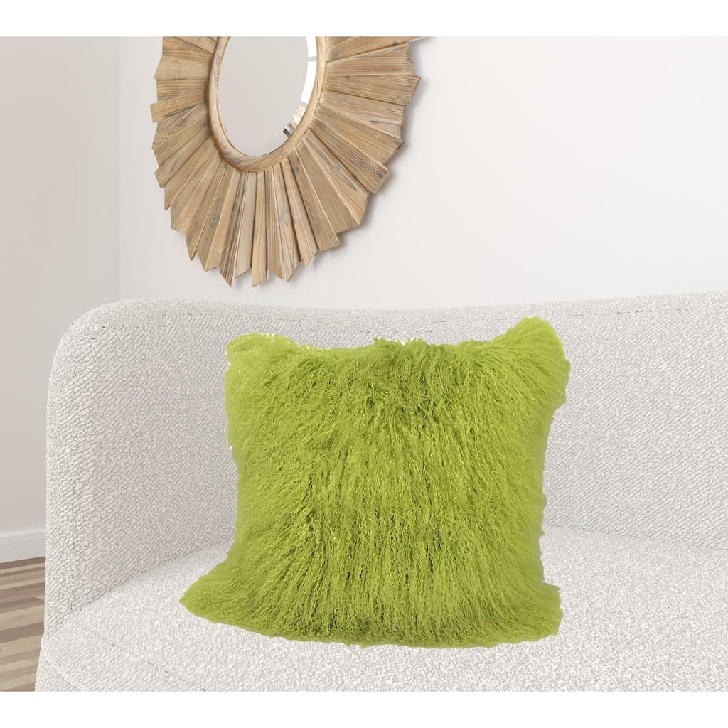 24" Lime Green Genuine Tibetan Lamb Fur Pillow With Microsuede Backing