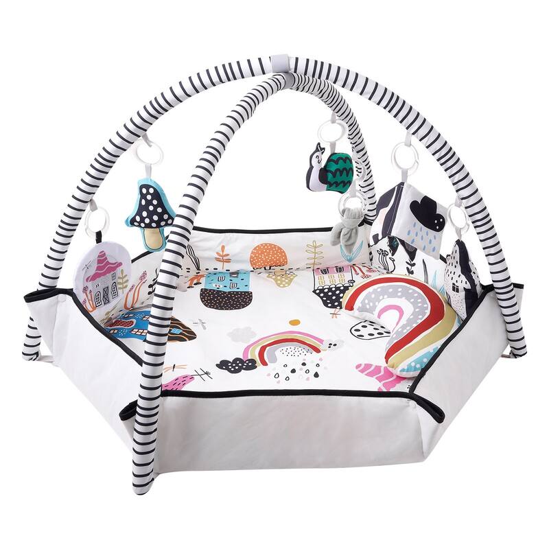Multi-Color Large Play Area Baby Play Mat with 6 Hanging Sensory Toys and Soft Tummy Pillow - 41.7” x 41.7” x 21.9”