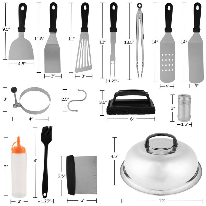 Griddle Accessories - 28PC Grill Set with Stainless Steel Spatulas, Tongs, Cleaner, Dome, and Carry Bag by Home-Complete