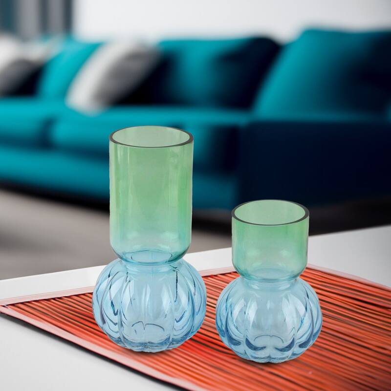 Two-Tone Green and Blue Set of 2 Bubble Shaped Modern Glass Vases