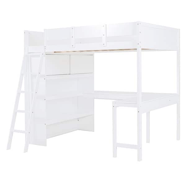 slide 2 of 13, Full Size Loft Bed with Desk & Shelf, Solid Pine Wood Loft Bed Frame with Full-Length Guardrail for Study or Office Areas, White White - Full