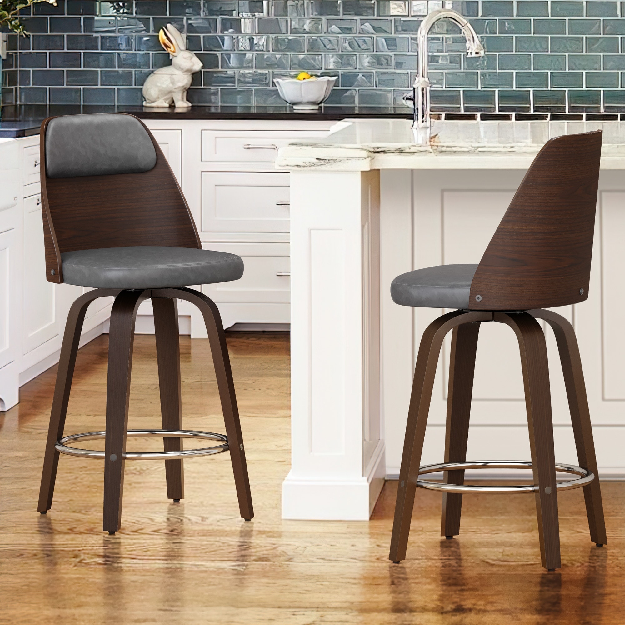 26 in. Counter Height Faux Leather 360-degree Swivel Bar Stools with Solid Wood and Curved High Back