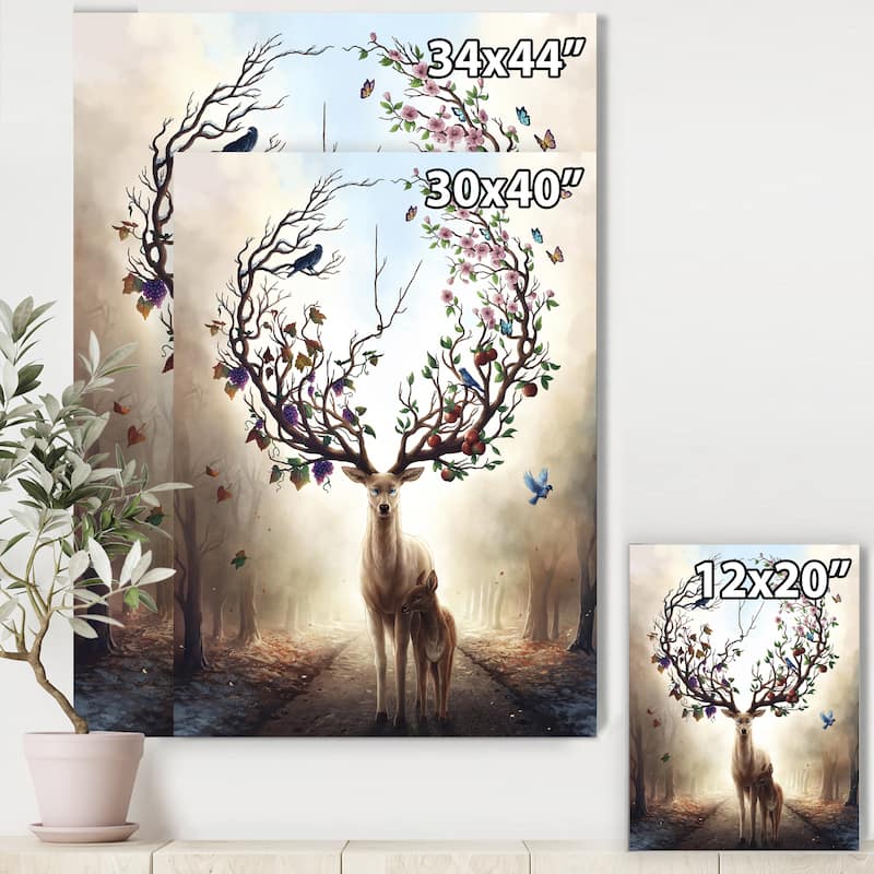 Designart "Deer With Blossoming Antlers" Cottage Canvas Wall Art