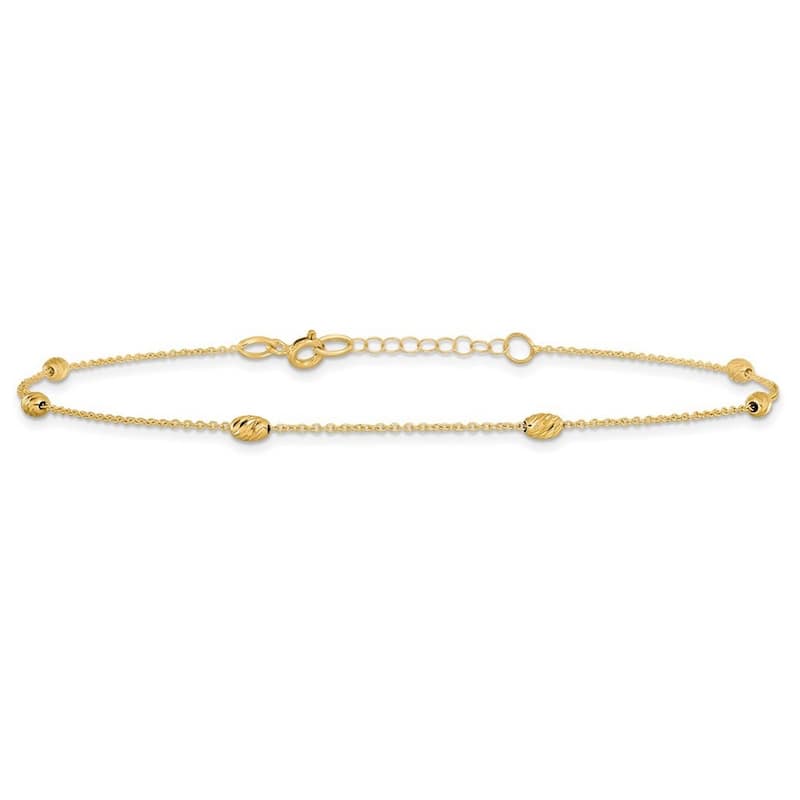 Curata Women's Italian 3mm 14k Yellow Gold Diamond-cut Bead Station Anklet - 10 Inch