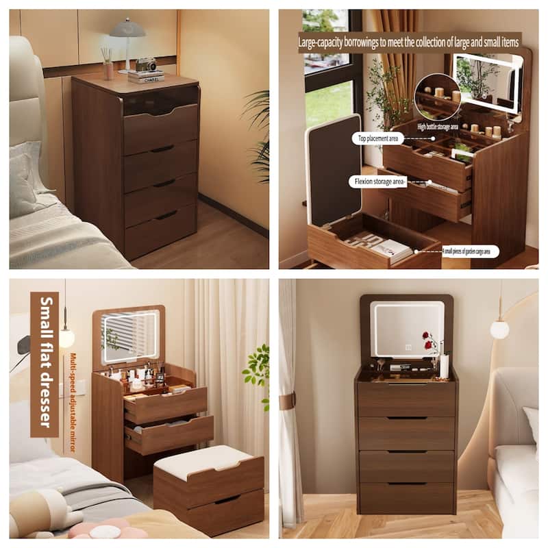Flip-Top Vanity Table with LED Mirror & Storage, Includes Makeup Stool