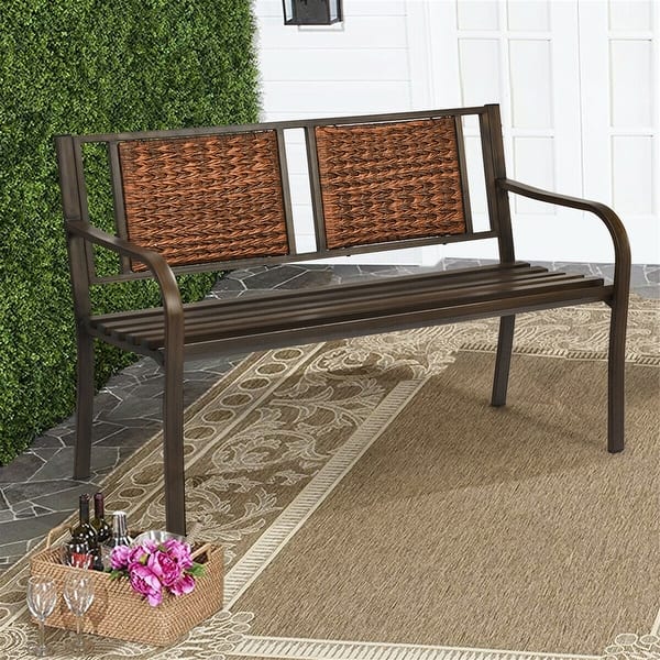 slide 2 of 7, 50.5" Outdoor Steel Frame Rattan Porch Furniture Patio Garden Bench