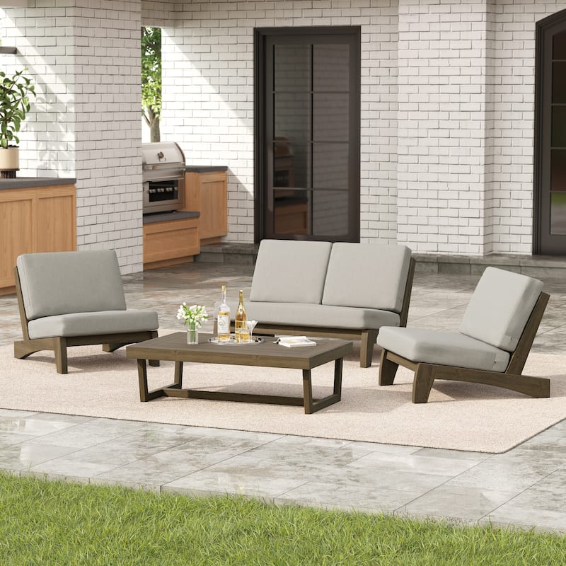 4 Set Outdoor Patio Teak Wood Club Chairs Loveseat with Cushion - Light Camel - NaturalFrame