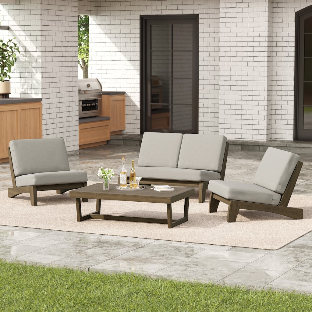 4 Set Outdoor Patio Teak Wood Club Chairs Loveseat with Cushion