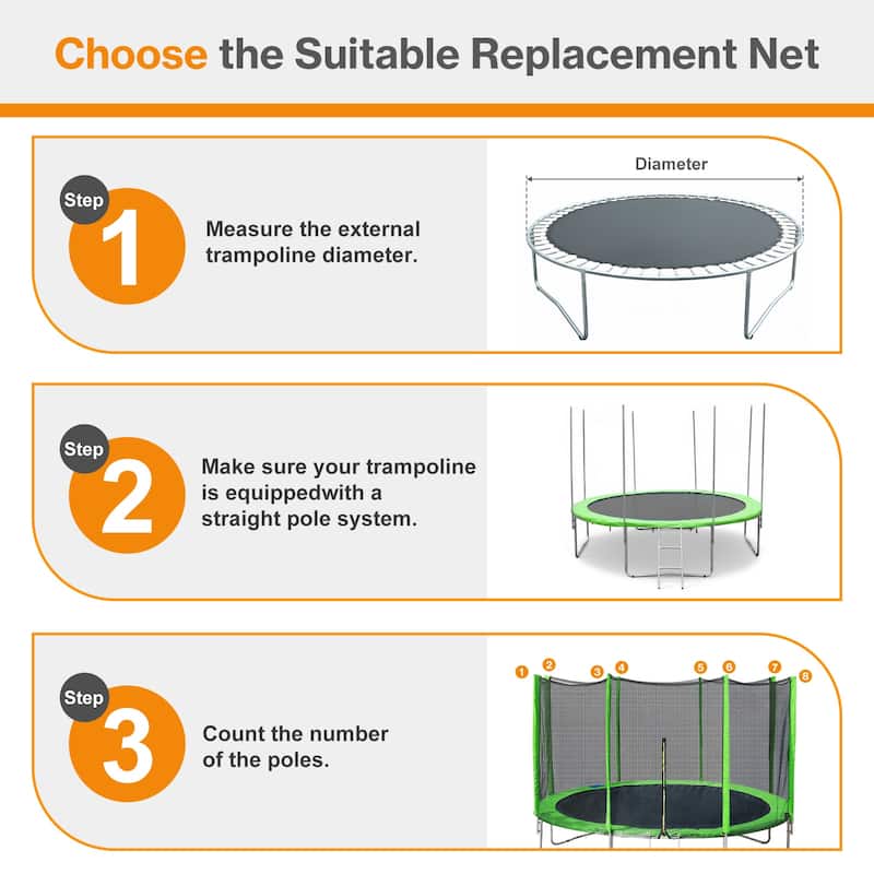 Aoodor Outdoor Trampoline Replacement Net with Zipper, Hooks, Pole Cover