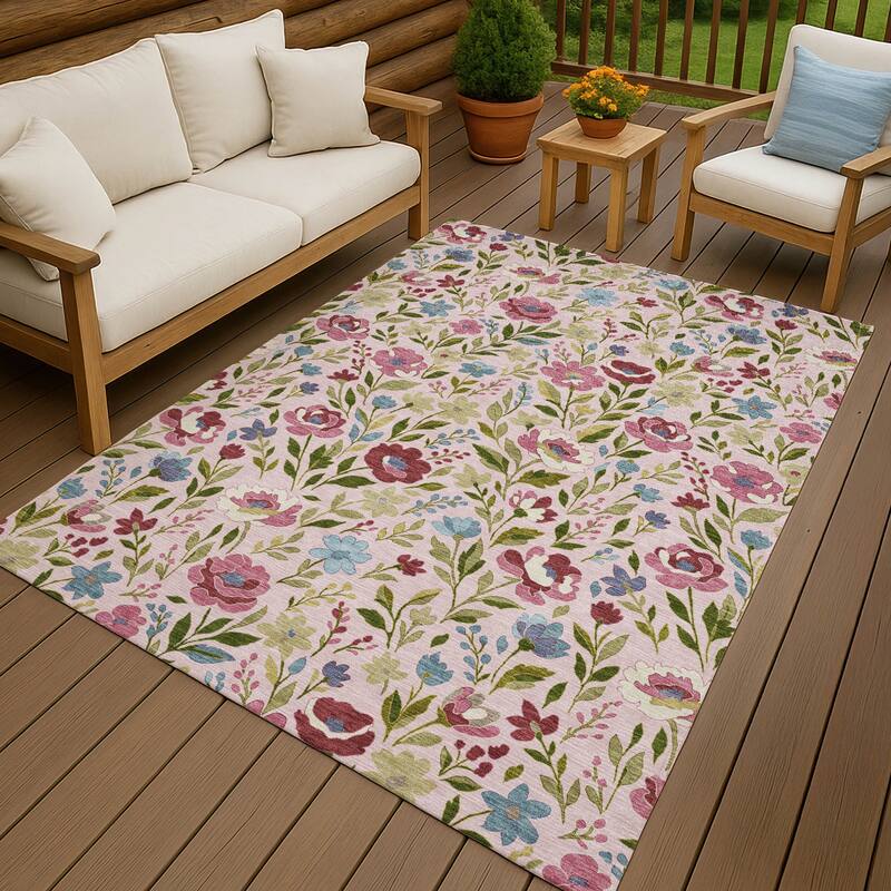 Machine Washable Indoor/ Outdoor Floral Garden Chantille Rug - Pink - 9' x 12'