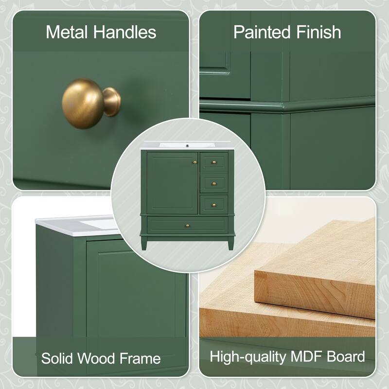 30" Bathroom Vanity with One Door, 3 Drawers, Ceramic Sink, and Soft-Close Hinges