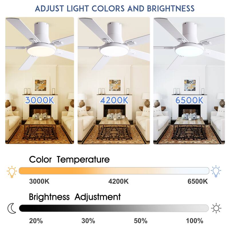 YUHAO AeroLite 48 in. Indoor White Low Profile Standard Ceiling Fan with Bright White Integrated LED Light Kit, Remote Included