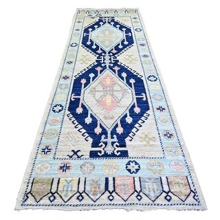 Hand Knotted Ivory Tribal & Geometric with Wool Oriental Rug (4' x 12 ...