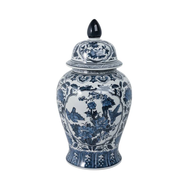 Ceramic Chinoiserie Floral Decorative Temple Jar - Blue 18"