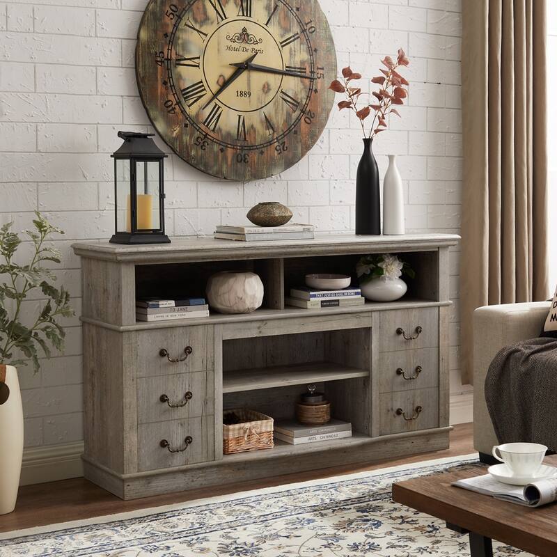 Country-Style TV Stand, for TVs Up 65'', With Drawer Doors and Open Shelving, for The Living Room, Light Gray