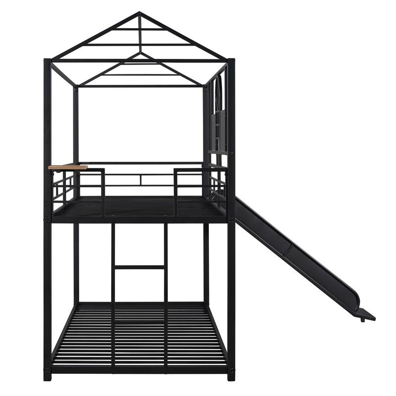 Twin Over Twin Metal Bunk Bed ,Metal Housebed With Slide,Three Colors Available.(Black with Black Slide)