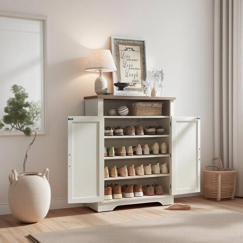 GDFStudio - Lucas Rustic Charm 6-Tier Farmhouse Shoe Storage Cabinet with Adjustable Shelves and Open Storage - Particle Board