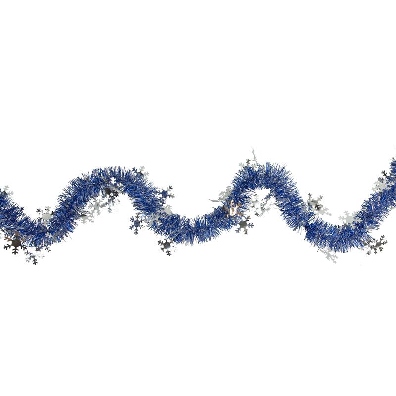 50' x 2" Christmas Tinsel Garland with Snowflakes - Unlit - Royal Blue and Silver