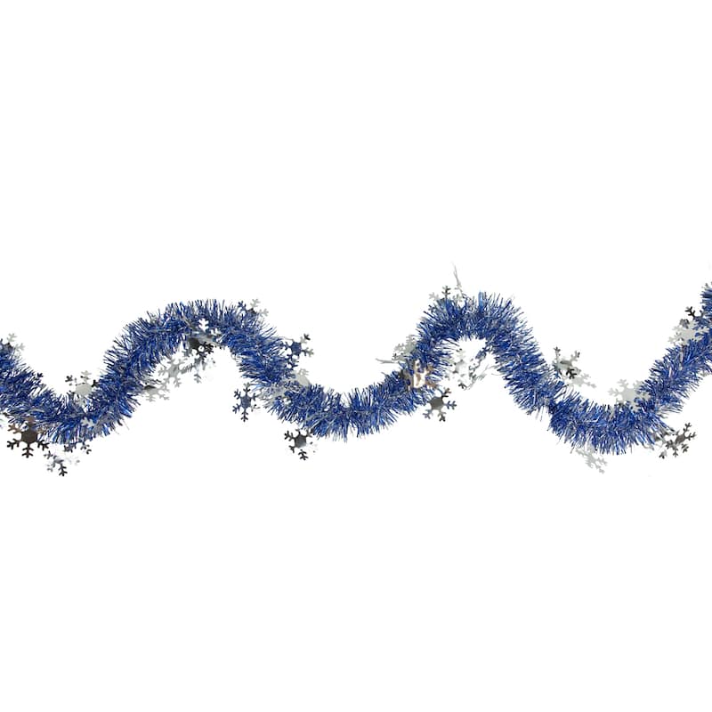 50'x2" Royal Blue Silver Christmas Tinsel Garl with Snowflakes - Unlit