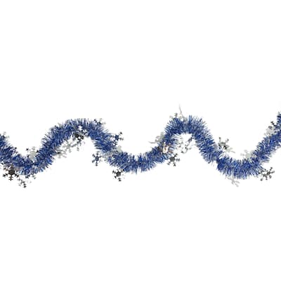 50'x2" Royal Blue Silver Christmas Tinsel Garl with Snowflakes - Unlit
