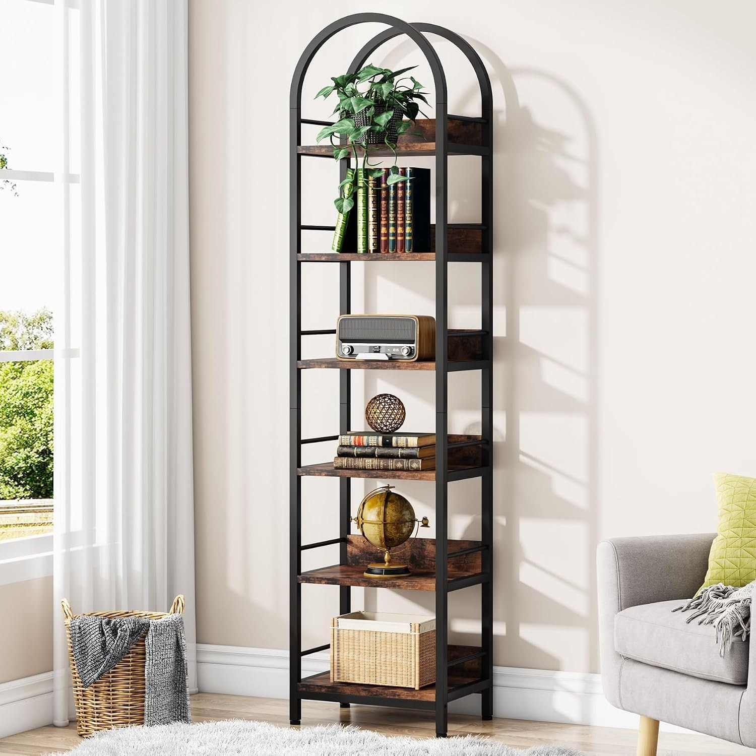 6-Tier Open Bookshelf, 78.7" Tall Arched Display Shelf Rack, Brown