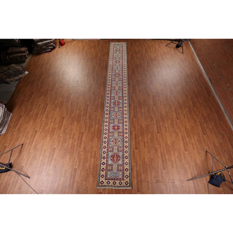 Light Blue Kazak Runner Rug Handmade Wool Carpet - 2'7" x 20'7"