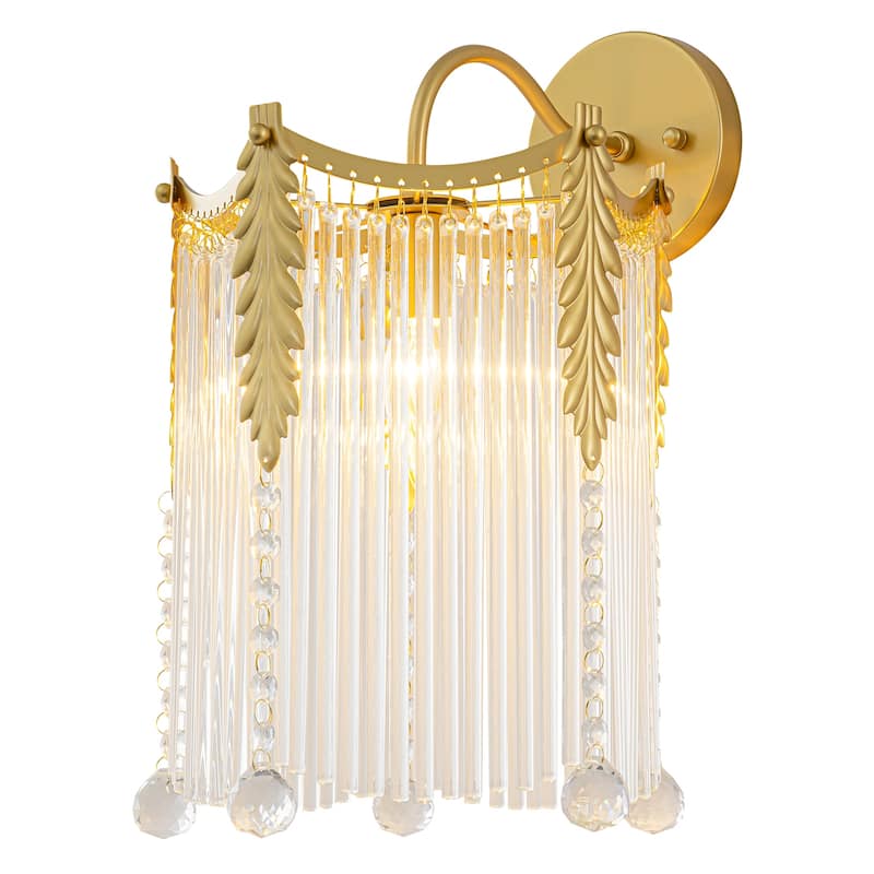 Crystal Wall Sconce Leaf Accents Clear Glass Rod Hanging Crystal Balls - Gold
