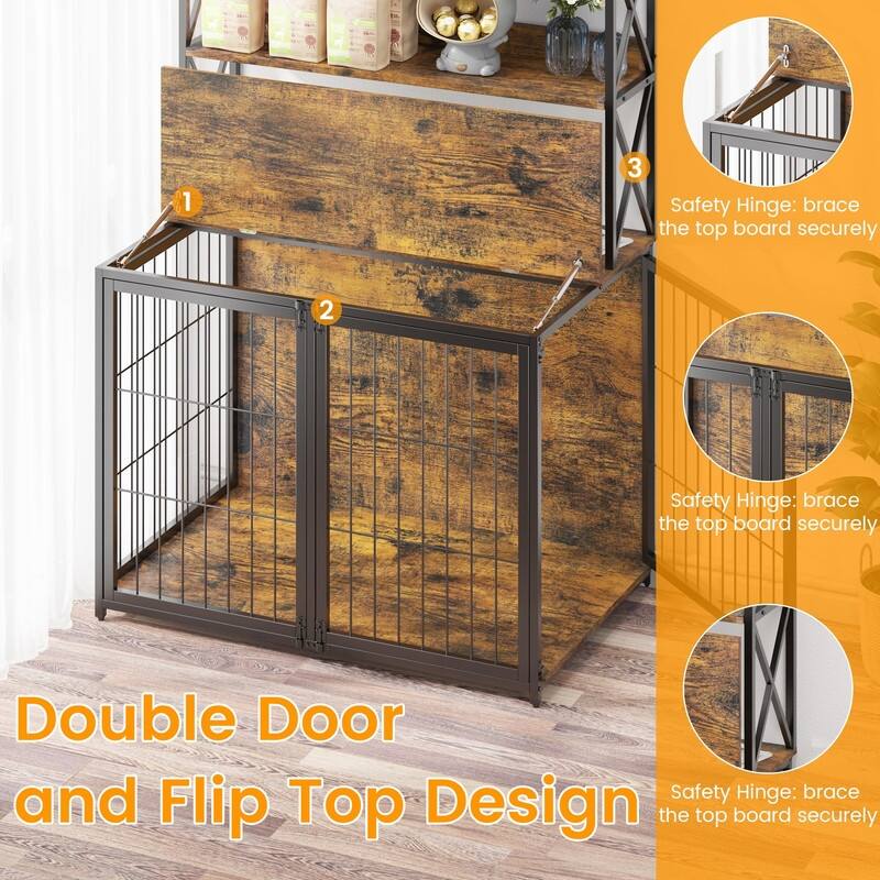 Heavy Duty Dog Crate Furniture 4Door Wooden Kennel with Storage Shelves Flip Door