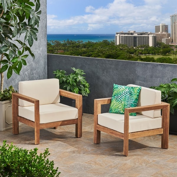 slide 2 of 17, Genser Outdoor Wooden Club Chairs with Cushions by Christopher Knight Home Set of 2
