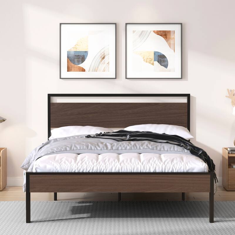 Ceres Queen Metal Bed - Black with Walnut Wood Headboard & Footboard