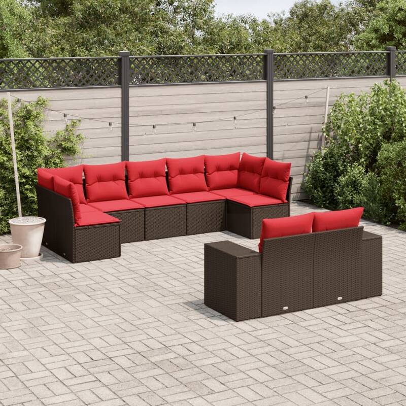 vidaXL 9/10 Piece Patio Sofa Set with Cushions Black/Brown/Gray Poly Rattan - 24.4 x 24.4 x 27.2