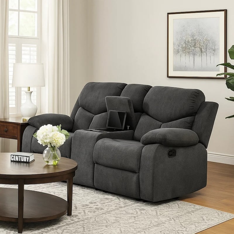 Fabric Wrapped Motion Loveseat with Storage Console, Gray