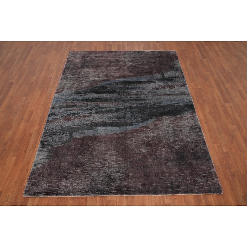 Hand Knotted Oriental Viscose Silk Carpet Modern Pictorial Multi-Colored Abstract Area Rug - 7' 9'' X 5' 8''