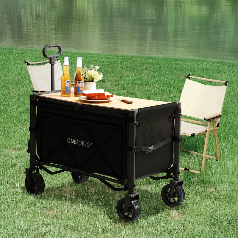 Foldable Camping Cart with Adjustable Handle, Bamboo Tabletop, Foldable storage, and Waterproof Oxford Canopy