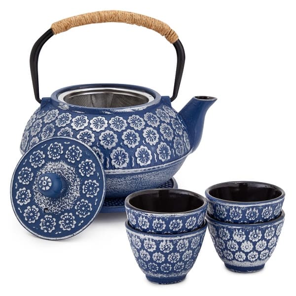6 Piece Set Japanese Cast Iron Teapot with Infuser, 4 Teacups, and