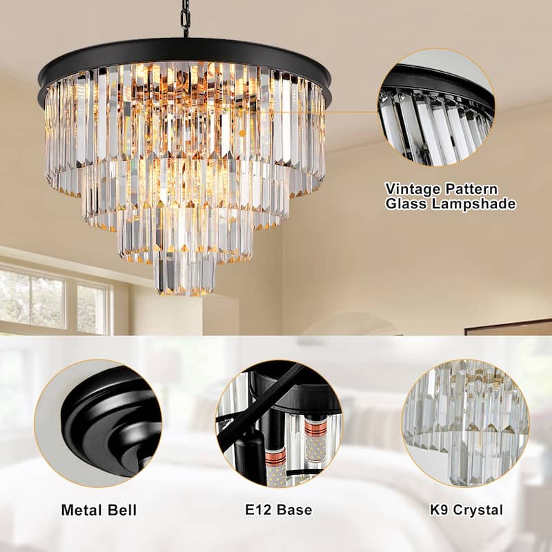 Modern Crystal Chandelier, Black Luxury Adjustable Pendant Light for Living Room(Bulbs Included)