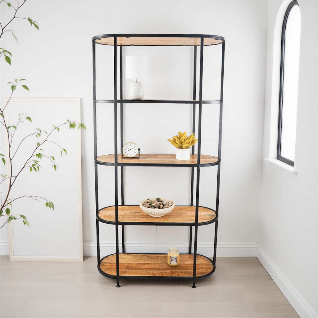 5-Tier Open Storage Wide Industrial Bookshelf Solid Mango Wood