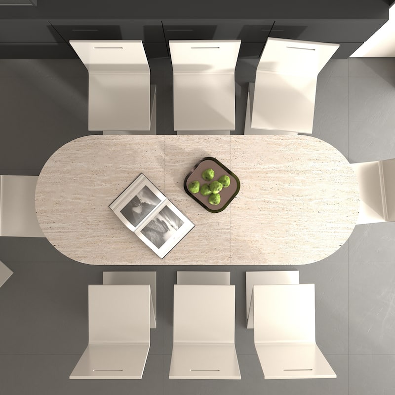 Kitchen extendable dining table for 4-8 people, oval kitchen table with wooden strip base for family living room - Beige