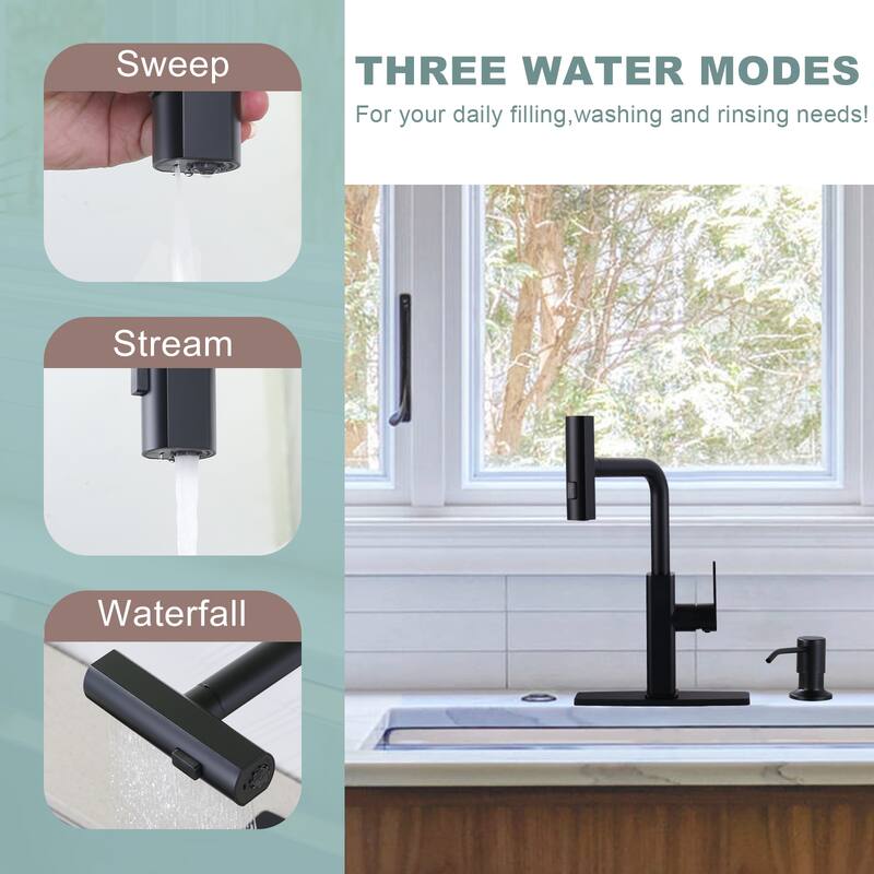 WOWOW 3-Mode Pull Down Sprayer Kitchen Faucet with Soap Dispenser