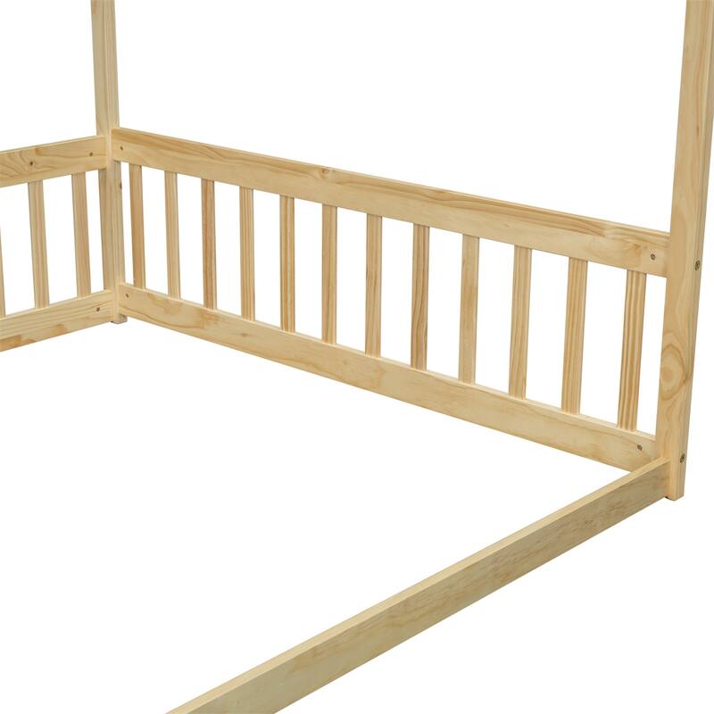 Full Size Canopy Frame Floor Bed with Fence,Guardrails