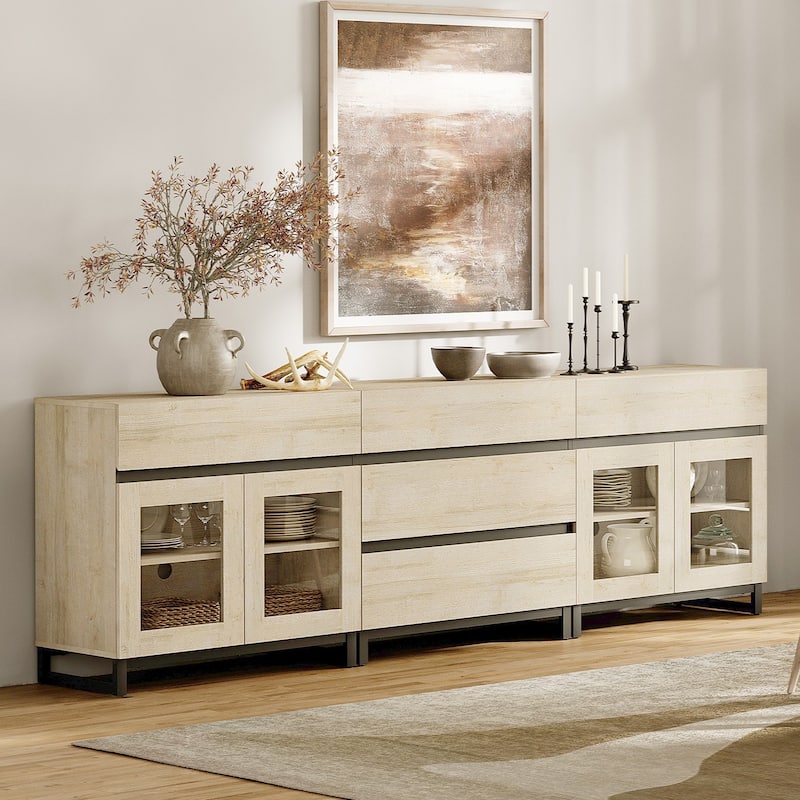 WAMPAT 3 in 1 Multifunctional Sideboard Buffet Cabinets with Glass Doors and 5 Drawers for Living Room, Kitchen - 94.5 inches - Beige