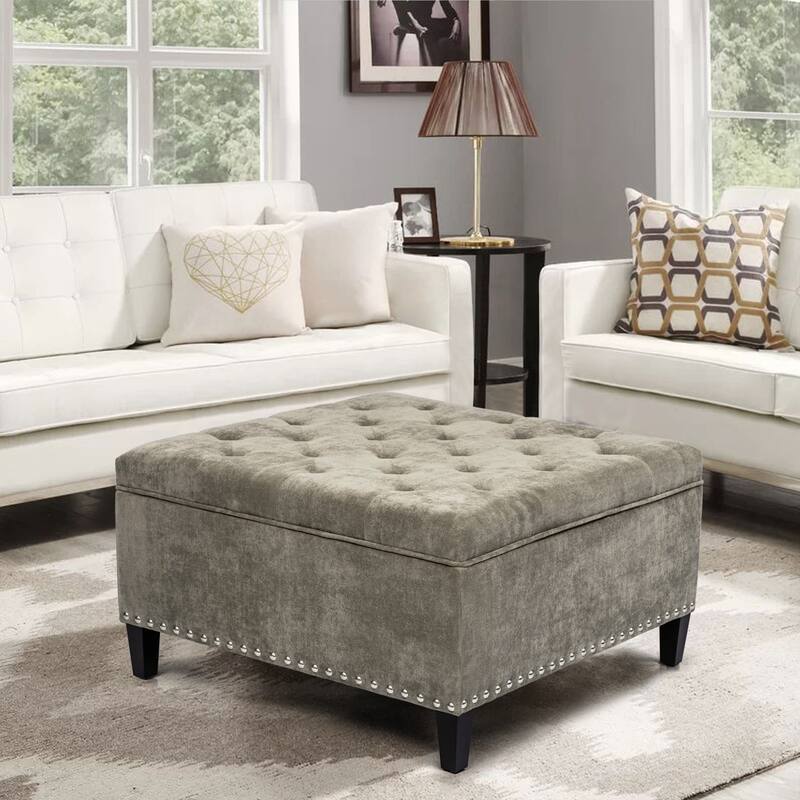 Adeco Large Square Footstool Fabric Storage Ottoman Bench