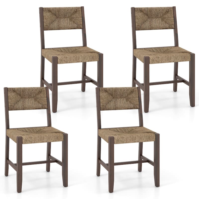 Gymax Wooden Dining Chair Set of 4 w/ Natural Weave Seagrass Rattan - Brown - Set of 4