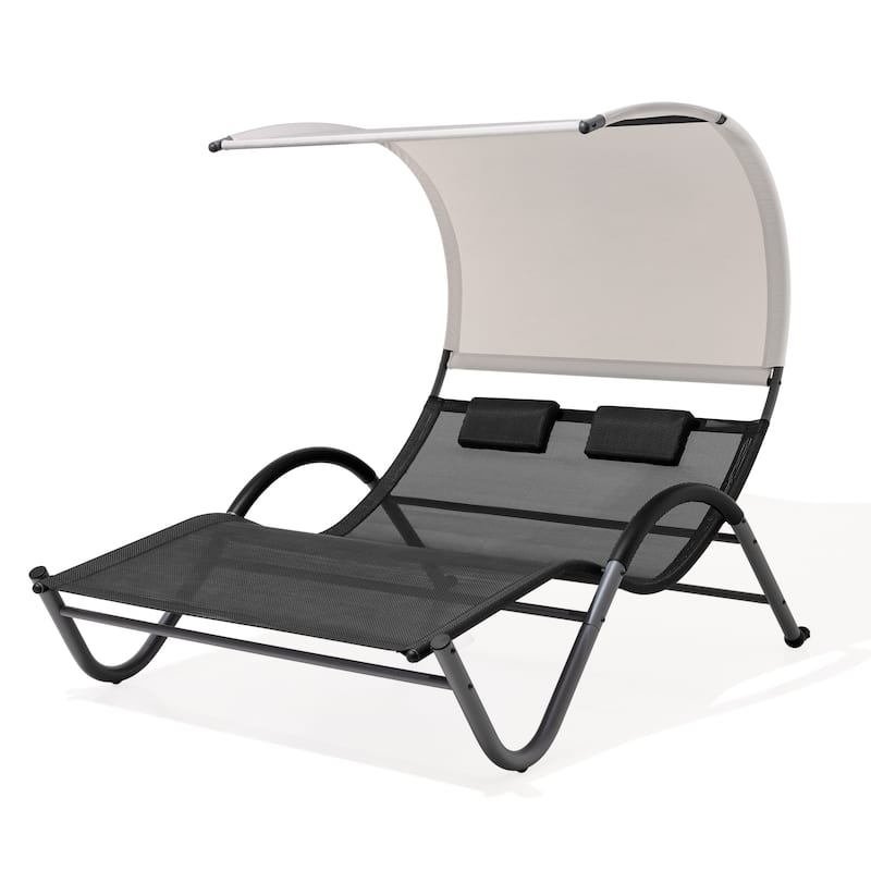 Outdoor Double Chaise Lounge Chair Double Sun Bed Lounger with Canopy Shade & Wheels - 72.83" D × 54.33" W ×65.35" H