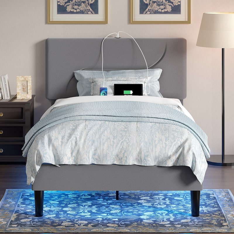 VECELO Platform Bed Frame with Charging Stations and Under Bed LED Lights Strong Wooden Slats Support No Box Spring Needed - Grey - Twin