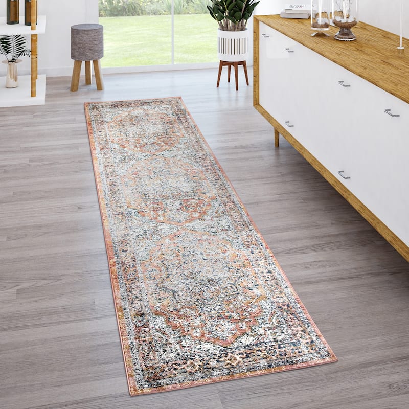 Vintage Rug Oriental Design with Ornaments and Border in Cream Yellow