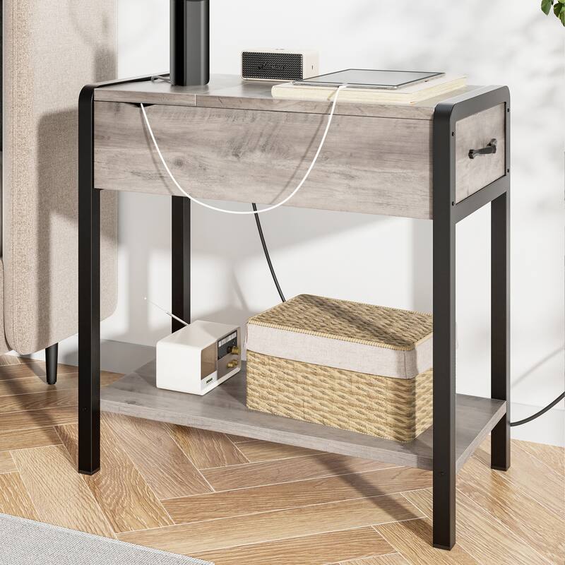 Narrow Side Table with Charging Station Drawer and Storage - 12.5"D x 23.6"W x 24.4"H